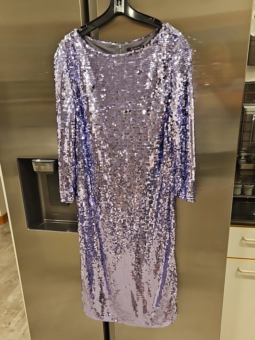 💕ST. JOHN Sequin Sheath Dress Lilac Long Sleeve Cocktail Party Evening 12 NWOT - Picture 6 of 14